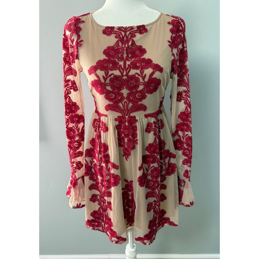 For Love & Lemons Temecula Mini Dress Floral Red Beige Long Bell Sleeve Size S
